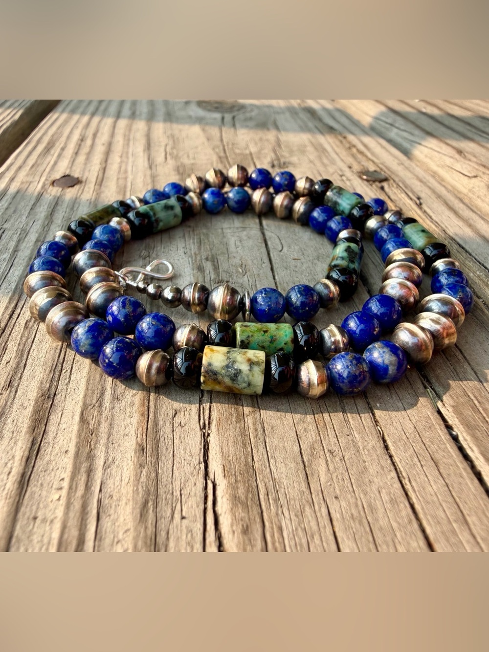 20" NAVAJO Pearl Lapis Lazuli Turquoise Southwest Bench Beads Silver Necklace